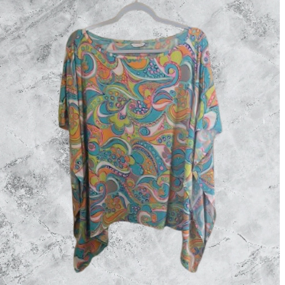 Trina Turk Multicolor Paisley Print Boatneck Top - Teal, Yellow, Pink - Picture 3 of 8